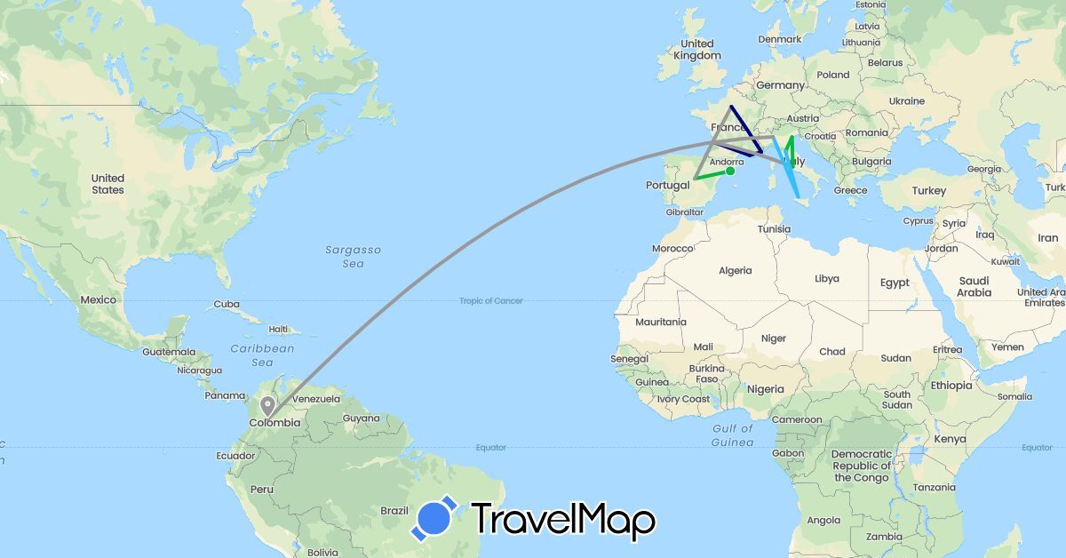 TravelMap itinerary: driving, bus, plane, boat in Colombia, Spain, France, Italy (Europe, South America)